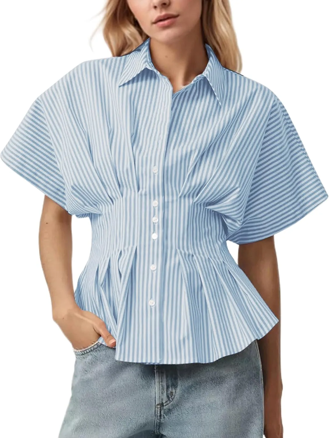 MISSACTIVER Striped Button Down Shirts for Women Short Sleeve Pleated Corset Blouse Casual Summer Peplum Dressy Tops