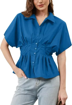 MISSACTIVER Striped Button Down Shirts for Women Short Sleeve Pleated Corset Blouse Casual Summer Peplum Dressy Tops