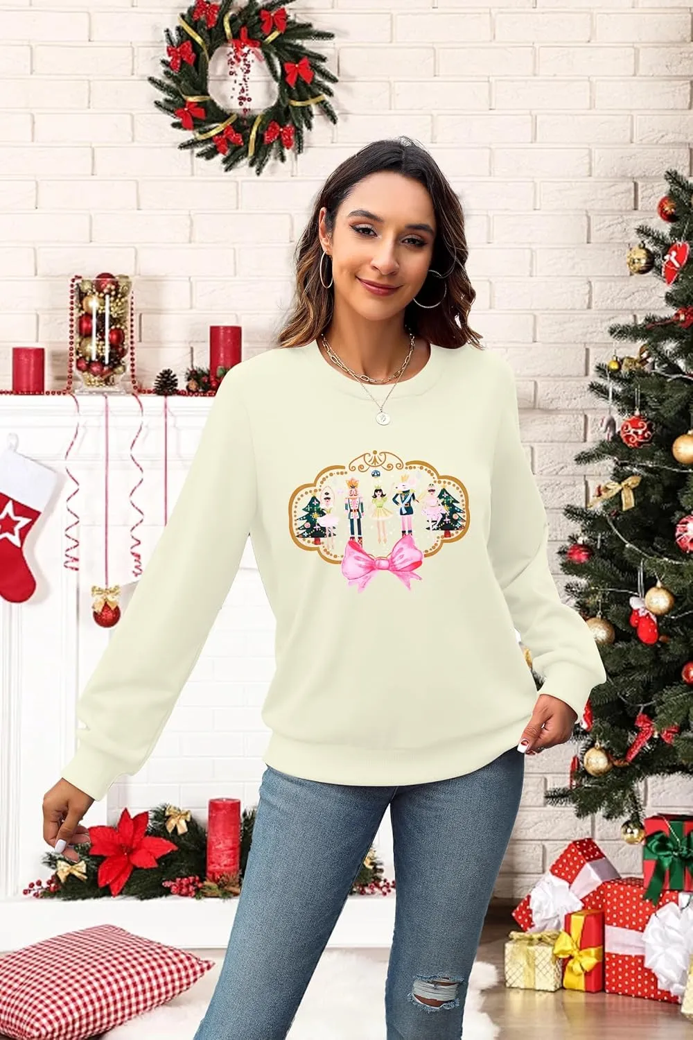 MNLYBABY Christmas Sweatshirt Women Funny Nutcracker Graphic Xmas Sweater Shirt Casul Crewneck Long Sleeve Pullover Top
