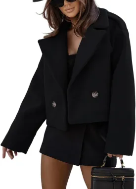 Mywinway Wool Cropped Trench Coat for Women Fall Winter Wool Pea Coat Double Breasted Blazer Jackets Fashion Coat