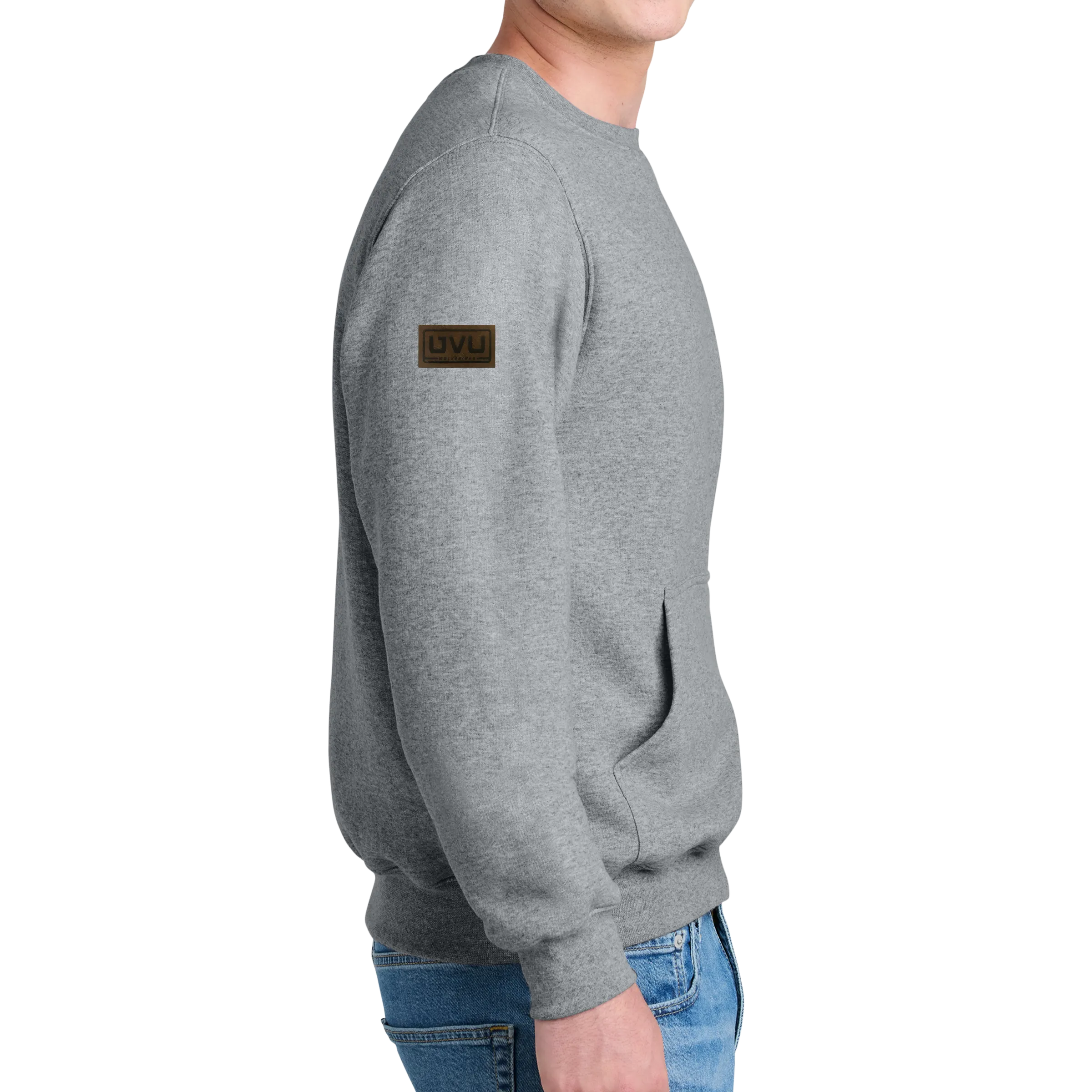 Port & Company® Core Fleece Crewneck Pocket Sweatshirt - Pleather Mono Patch