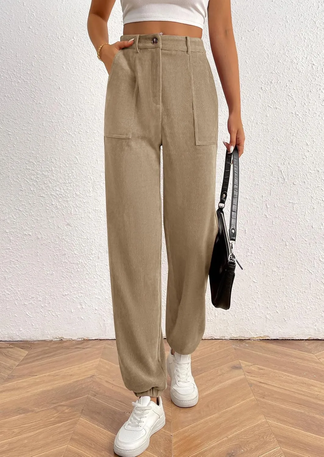 PRETTYGARDEN Women's Dressy Casual Pants Elastic High Waisted Work Office Corduroy Trouser Slacks with Pockets