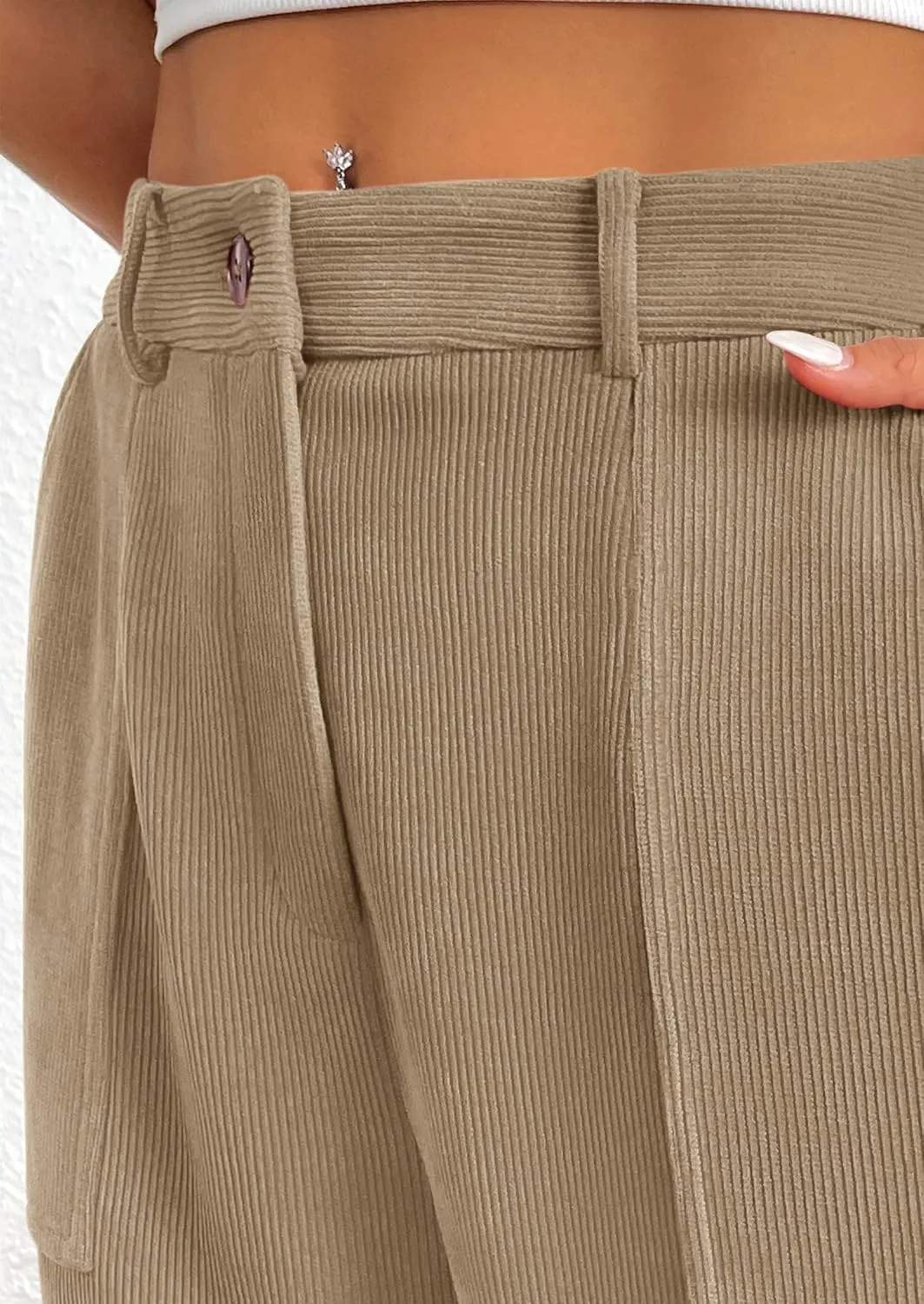 PRETTYGARDEN Women's Dressy Casual Pants Elastic High Waisted Work Office Corduroy Trouser Slacks with Pockets