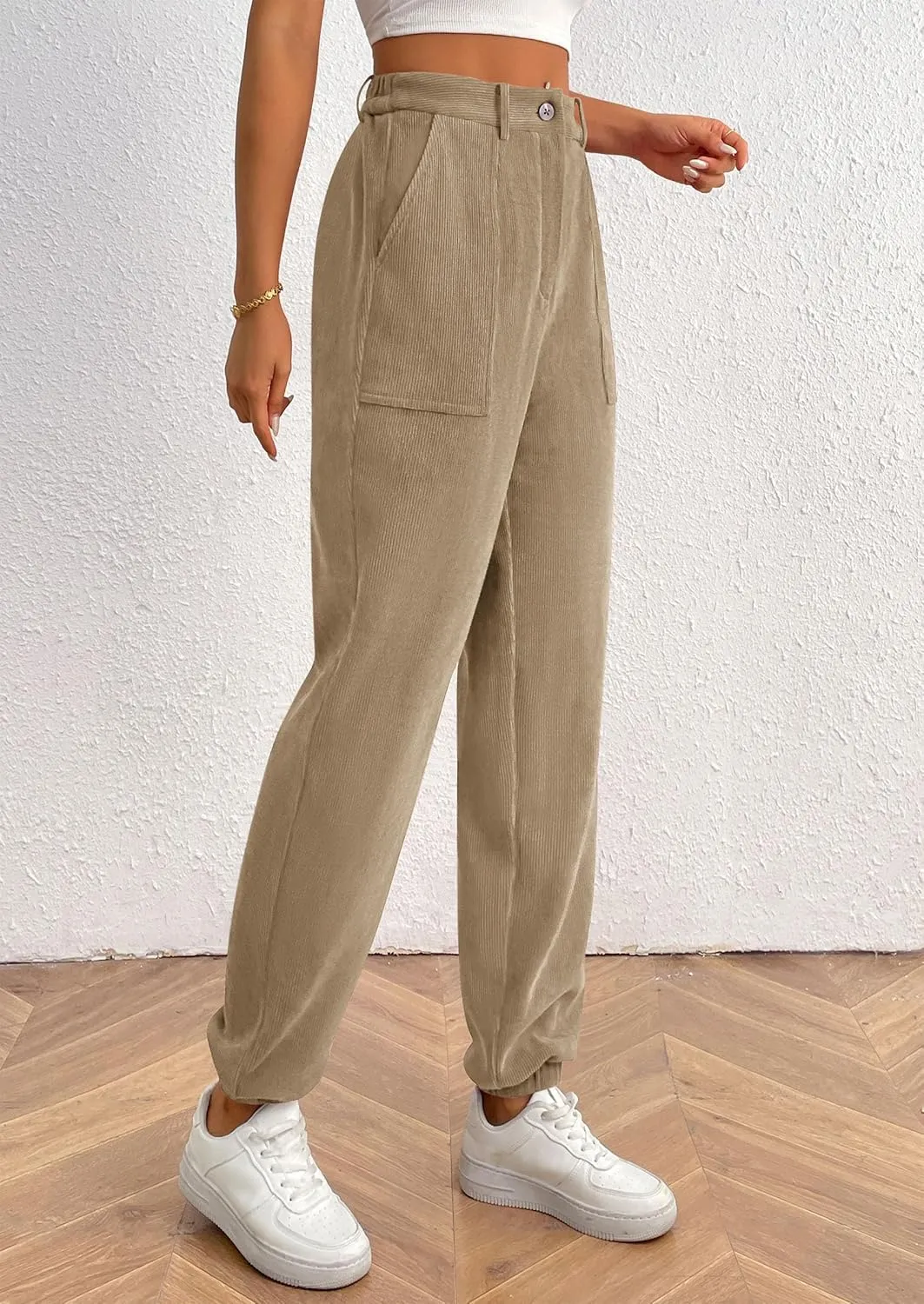 PRETTYGARDEN Women's Dressy Casual Pants Elastic High Waisted Work Office Corduroy Trouser Slacks with Pockets