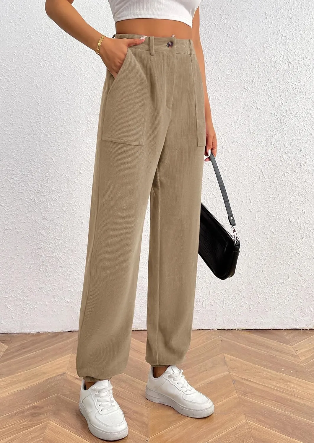 PRETTYGARDEN Women's Dressy Casual Pants Elastic High Waisted Work Office Corduroy Trouser Slacks with Pockets