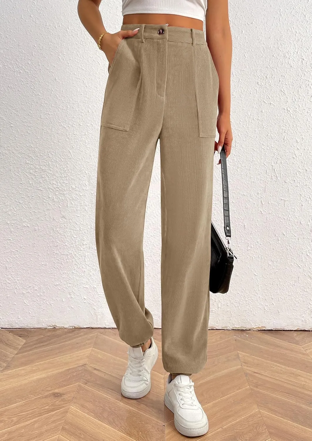 PRETTYGARDEN Women's Dressy Casual Pants Elastic High Waisted Work Office Corduroy Trouser Slacks with Pockets