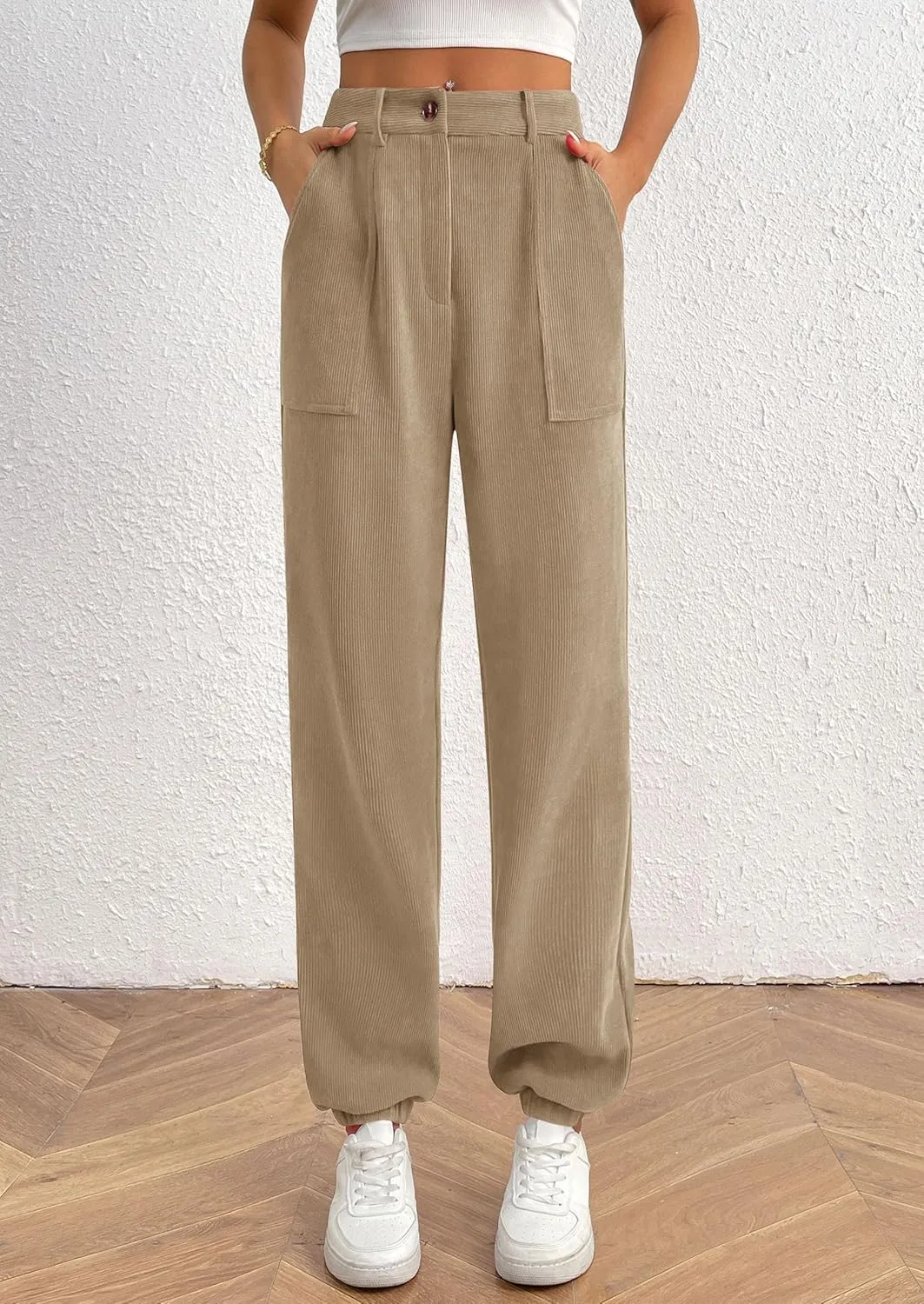 PRETTYGARDEN Women's Dressy Casual Pants Elastic High Waisted Work Office Corduroy Trouser Slacks with Pockets