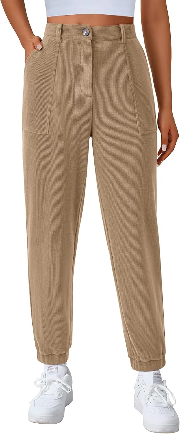 PRETTYGARDEN Women's Dressy Casual Pants Elastic High Waisted Work Office Corduroy Trouser Slacks with Pockets