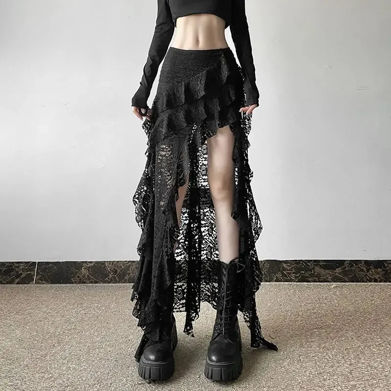 Punk Goth Skirt for Women – Dark Asymmetrical Ruffled Lace High Waist Skirt