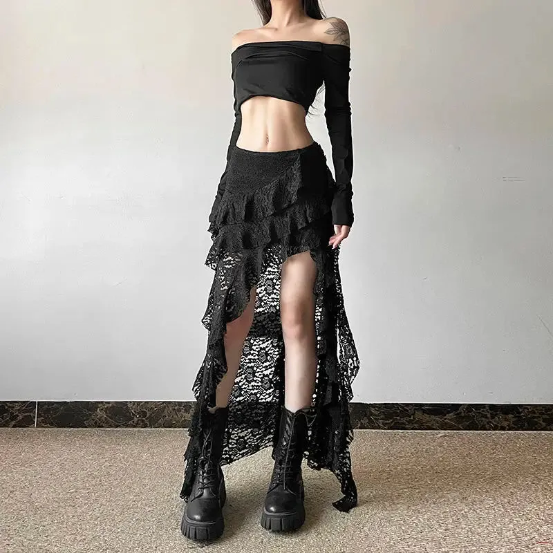 Punk Goth Skirt for Women – Dark Asymmetrical Ruffled Lace High Waist Skirt