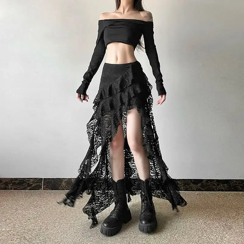 Punk Goth Skirt for Women – Dark Asymmetrical Ruffled Lace High Waist Skirt
