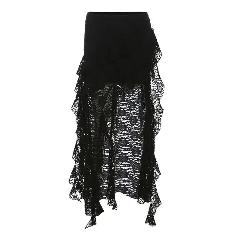 Punk Goth Skirt for Women – Dark Asymmetrical Ruffled Lace High Waist Skirt
