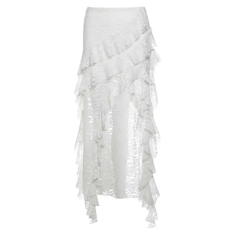 Punk Goth Skirt for Women – Dark Asymmetrical Ruffled Lace High Waist Skirt