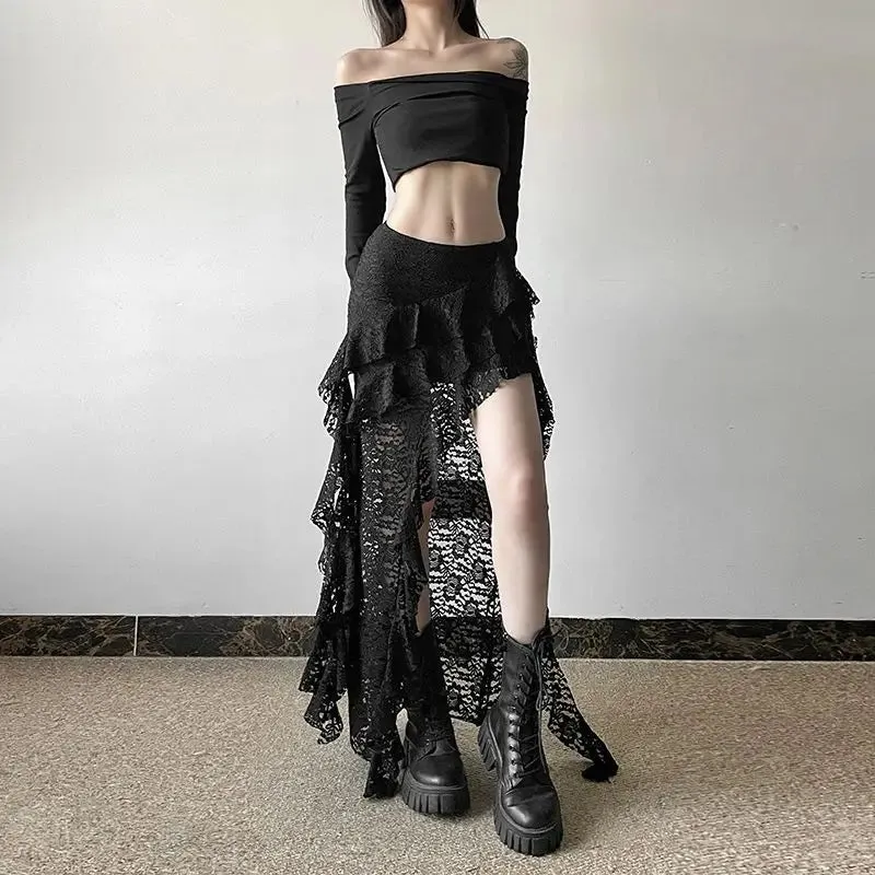 Punk Goth Skirt for Women – Dark Asymmetrical Ruffled Lace High Waist Skirt