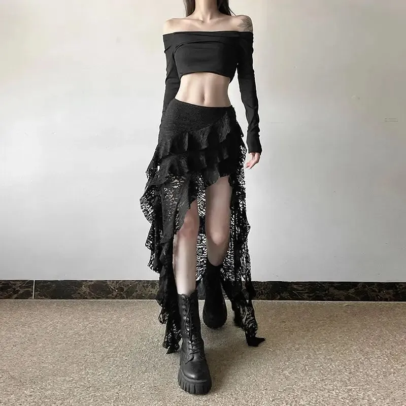 Punk Goth Skirt for Women – Dark Asymmetrical Ruffled Lace High Waist Skirt