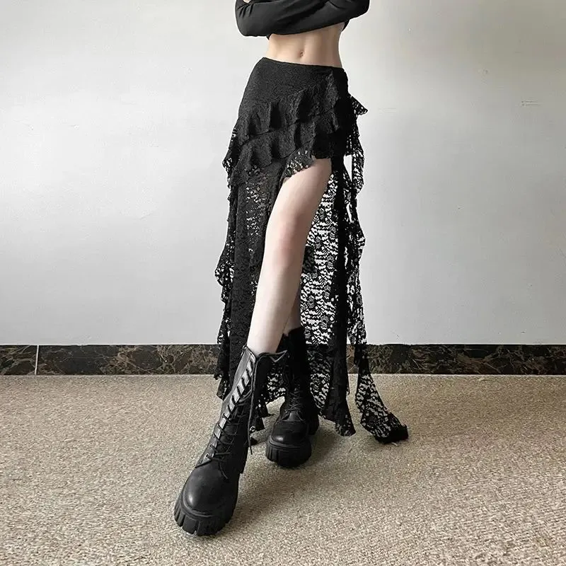 Punk Goth Skirt for Women – Dark Asymmetrical Ruffled Lace High Waist Skirt