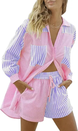 SAFRISIOR Womens 2 Piece Casual Tracksuit Outfit Sets Stripe Long Sleeve Shirt And Loose High Waisted Mini Shorts Set