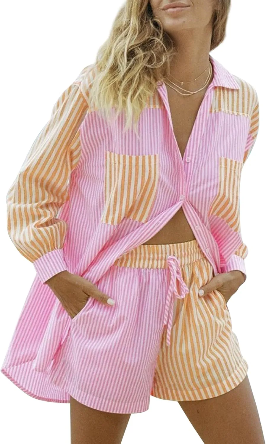 SAFRISIOR Womens 2 Piece Casual Tracksuit Outfit Sets Stripe Long Sleeve Shirt And Loose High Waisted Mini Shorts Set