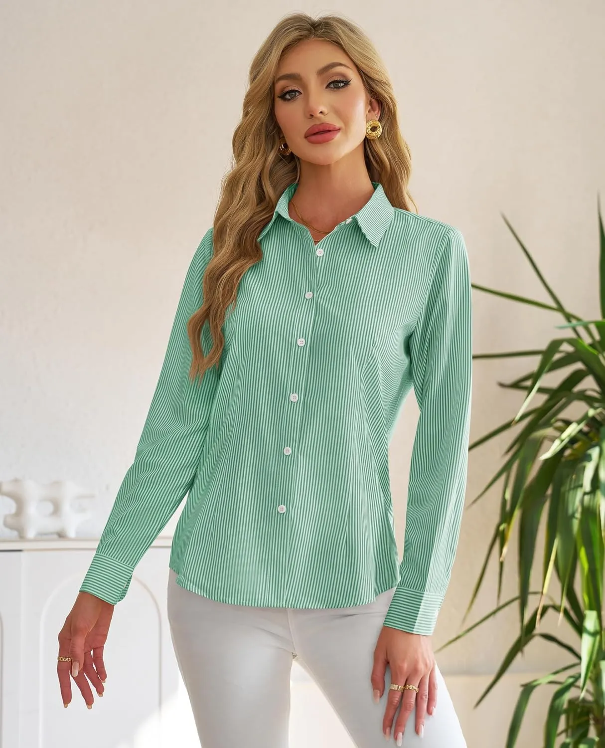 siliteelon Striped Button Down Shirts for Women Dress Shirts Long Sleeve Collared Casual Office Work Blouses Tops