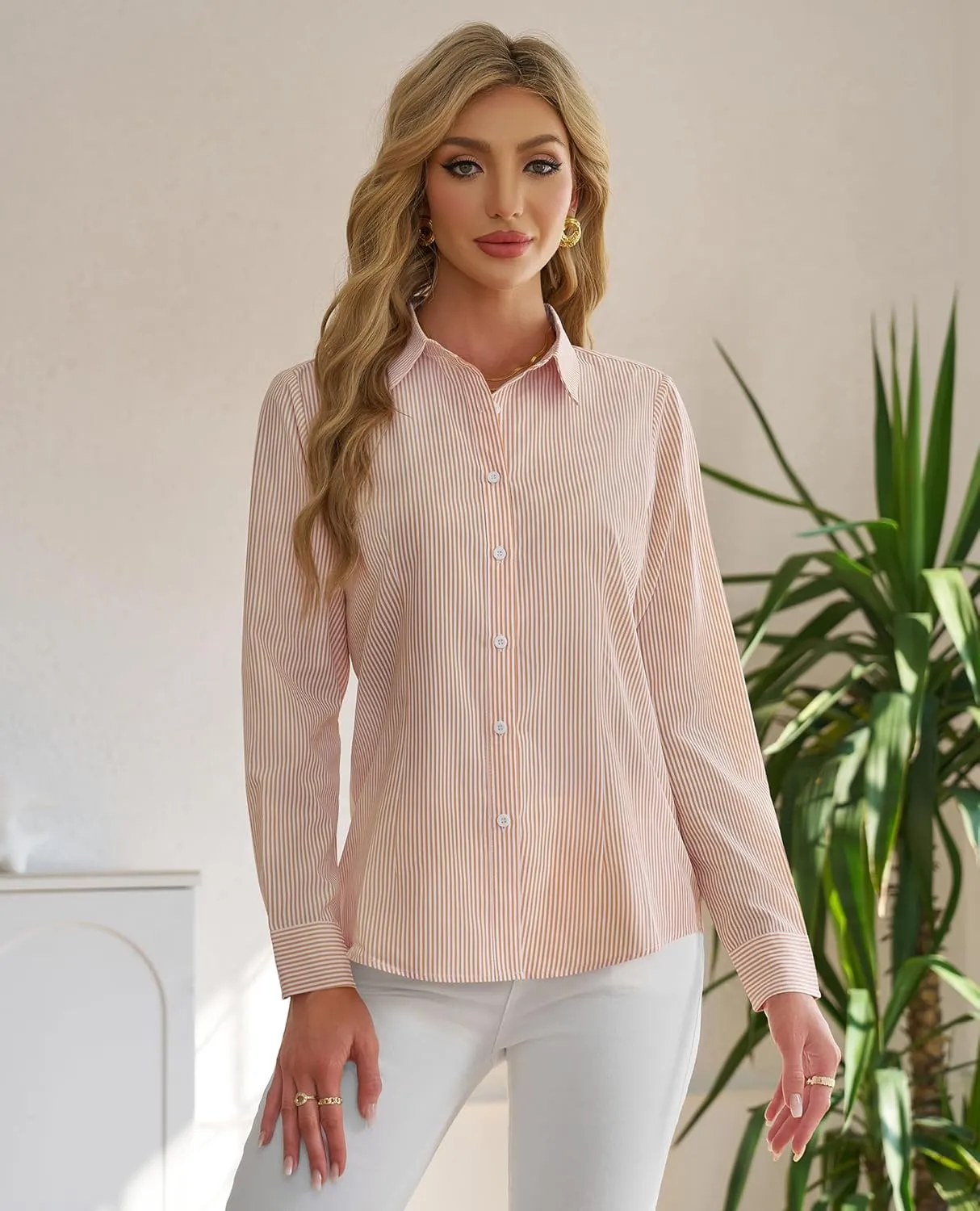 siliteelon Striped Button Down Shirts for Women Dress Shirts Long Sleeve Collared Casual Office Work Blouses Tops