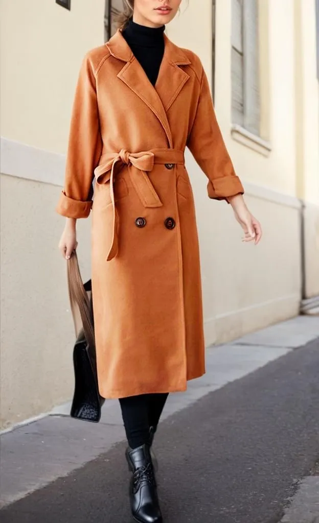 Sorrica Women Elegant Wool Pea Coat Winter Lapel Double Breasted Midi Long Trench Coat with Belted Pockets