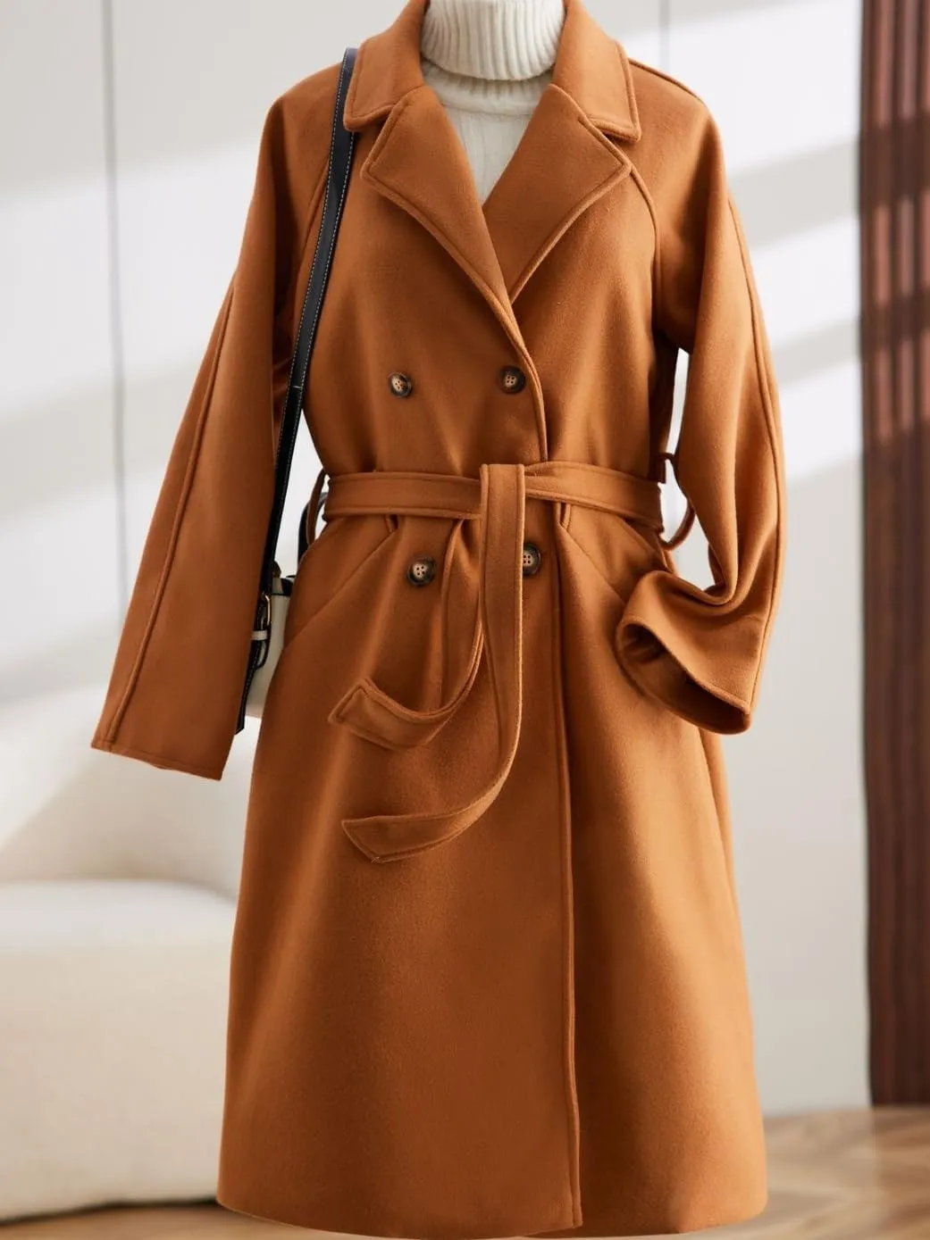 Sorrica Women Elegant Wool Pea Coat Winter Lapel Double Breasted Midi Long Trench Coat with Belted Pockets