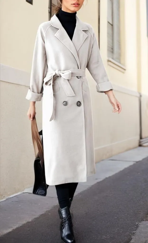 Sorrica Women Elegant Wool Pea Coat Winter Lapel Double Breasted Midi Long Trench Coat with Belted Pockets