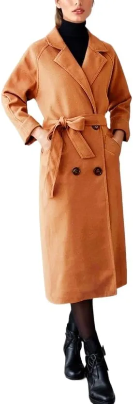 Sorrica Women Elegant Wool Pea Coat Winter Lapel Double Breasted Midi Long Trench Coat with Belted Pockets