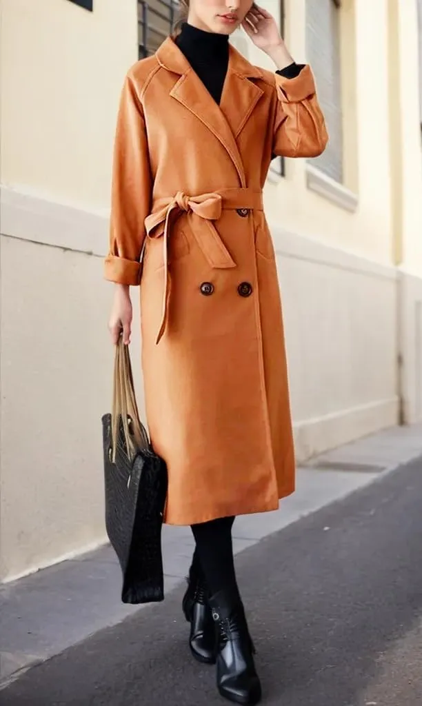 Sorrica Women Elegant Wool Pea Coat Winter Lapel Double Breasted Midi Long Trench Coat with Belted Pockets