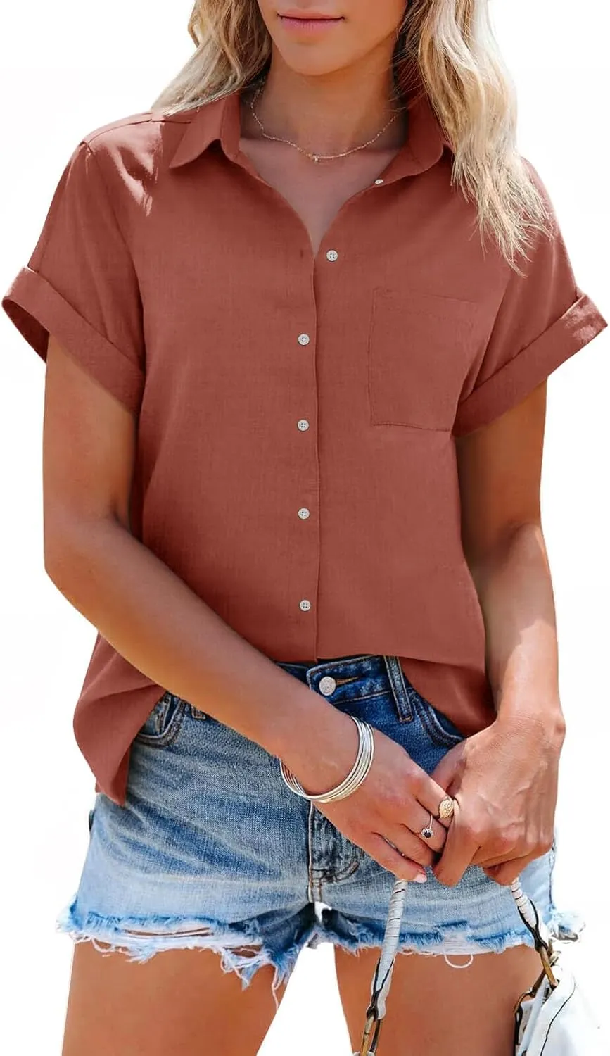 SySea Womens Short Sleeve Striped Shirts Casual Button Down V Neck Work Blouses Tops