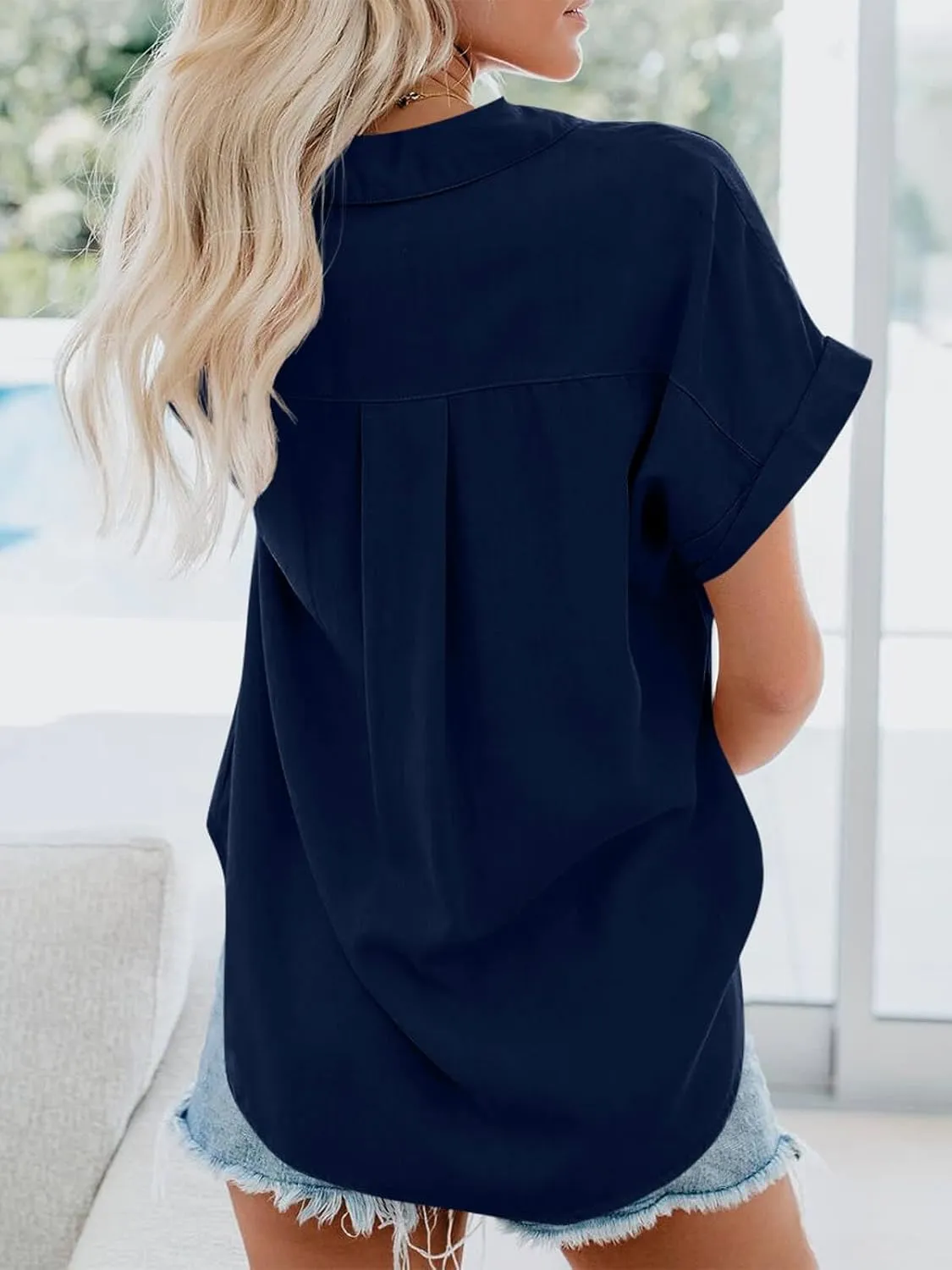 SySea Womens Short Sleeve Striped Shirts Casual Button Down V Neck Work Blouses Tops
