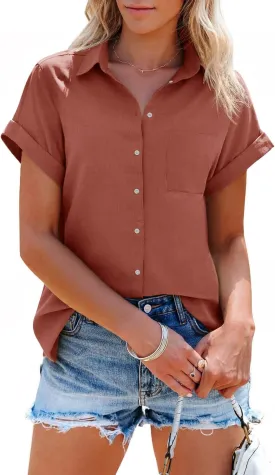 SySea Womens Short Sleeve Striped Shirts Casual Button Down V Neck Work Blouses Tops