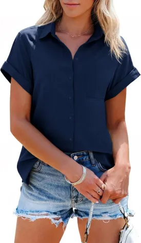 SySea Womens Short Sleeve Striped Shirts Casual Button Down V Neck Work Blouses Tops