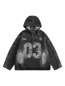 Thesupermade American Retro Distressed Washed Denim Hoodie - 2176