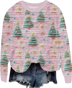 Ugly Christmas Sweater Women Funny Christmas Graphic Crewneck Long Sleeve Knit Sweatshirts Cute Xmas Holiday Pullover