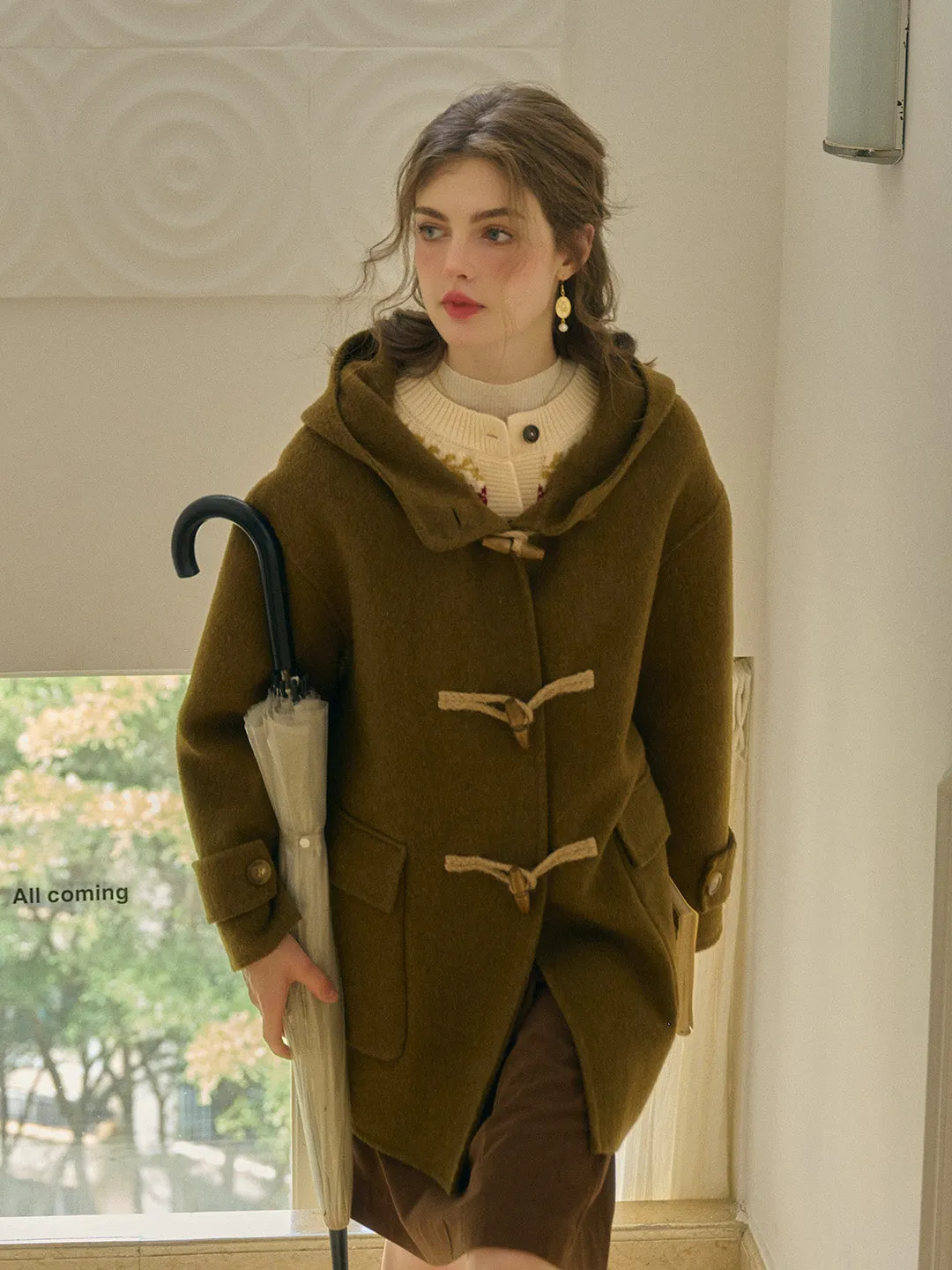 Veda Artistic Double-Breasted Horn Button Dropped shoulders Hooded Pocket Wool Coat