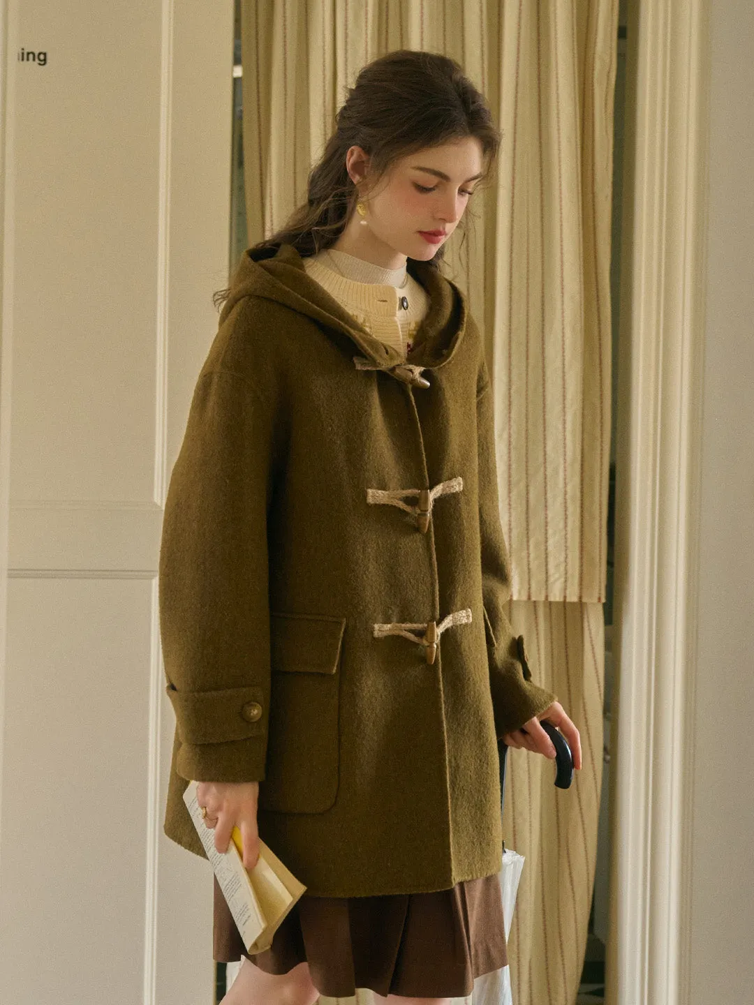 Veda Artistic Double-Breasted Horn Button Dropped shoulders Hooded Pocket Wool Coat