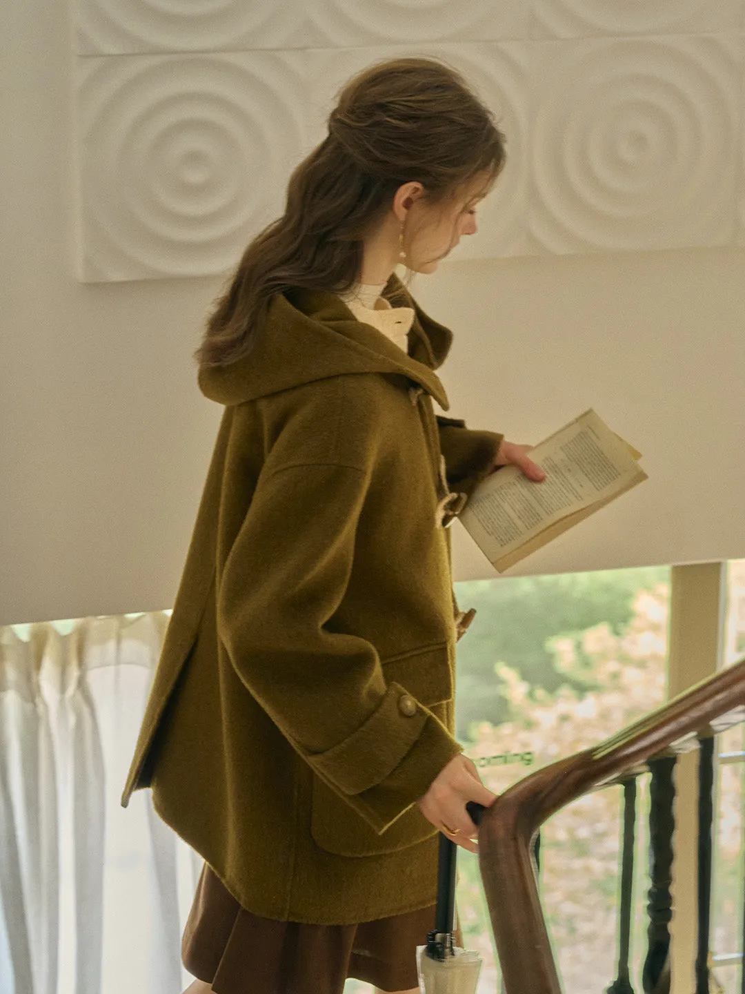 Veda Artistic Double-Breasted Horn Button Dropped shoulders Hooded Pocket Wool Coat