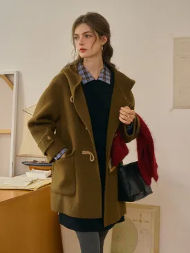 Veda Artistic Double-Breasted Horn Button Dropped shoulders Hooded Pocket Wool Coat