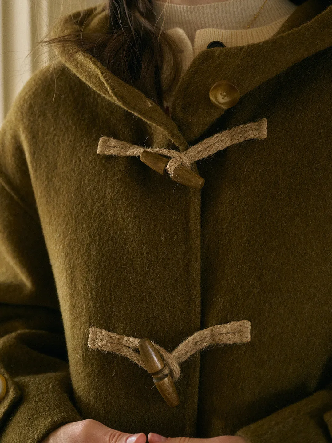 Veda Artistic Double-Breasted Horn Button Dropped shoulders Hooded Pocket Wool Coat