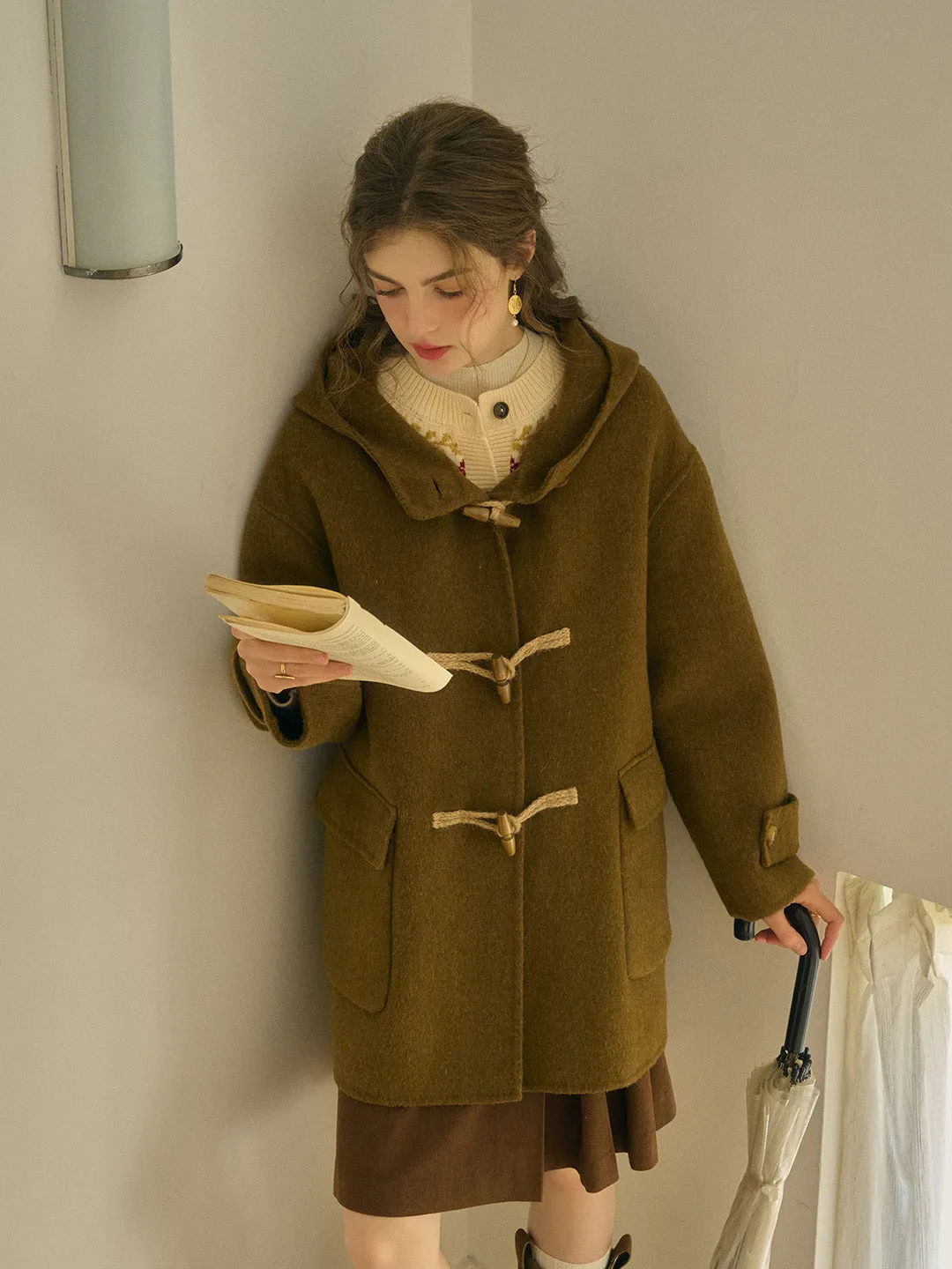 Veda Artistic Double-Breasted Horn Button Dropped shoulders Hooded Pocket Wool Coat