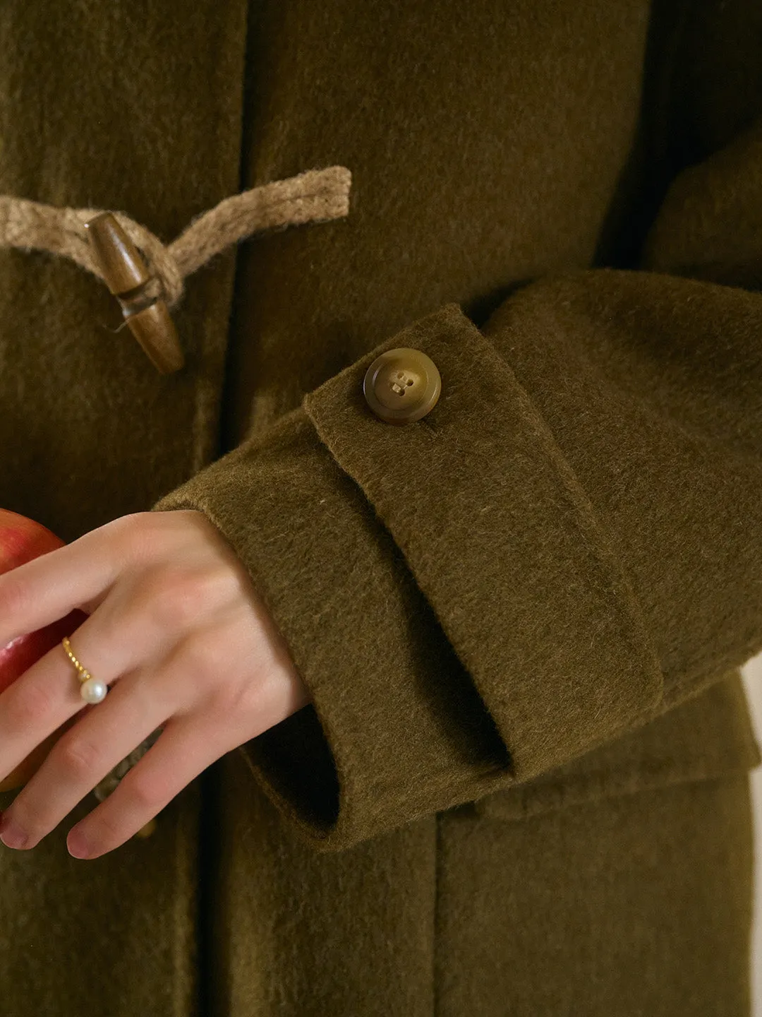 Veda Artistic Double-Breasted Horn Button Dropped shoulders Hooded Pocket Wool Coat