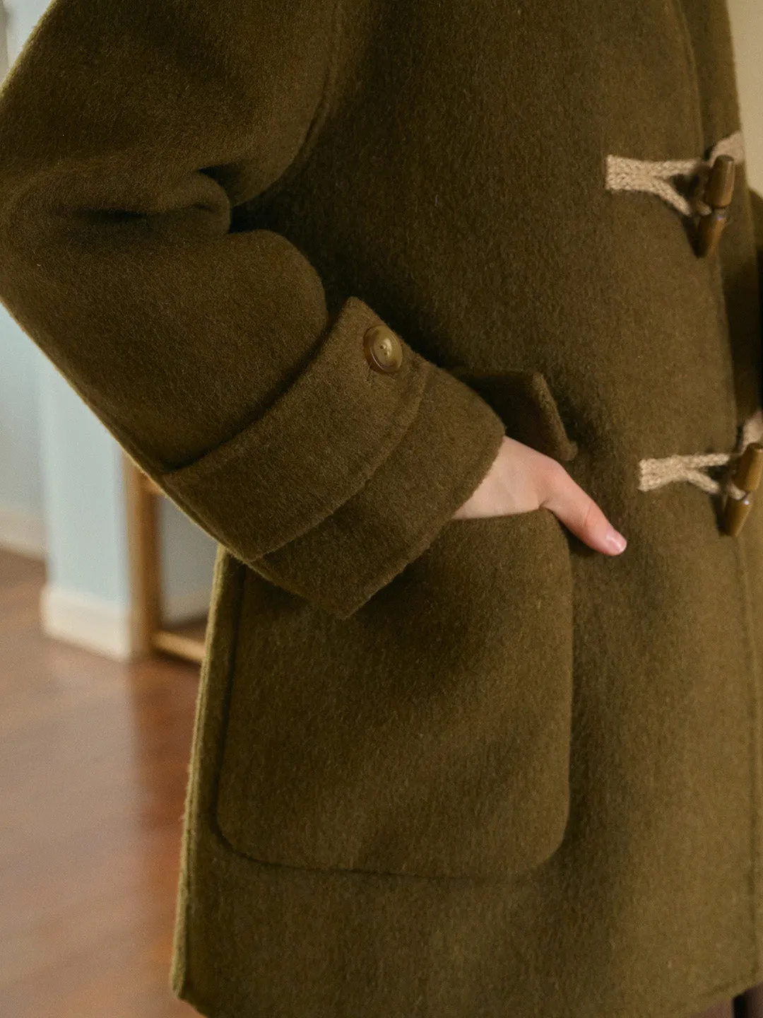 Veda Artistic Double-Breasted Horn Button Dropped shoulders Hooded Pocket Wool Coat