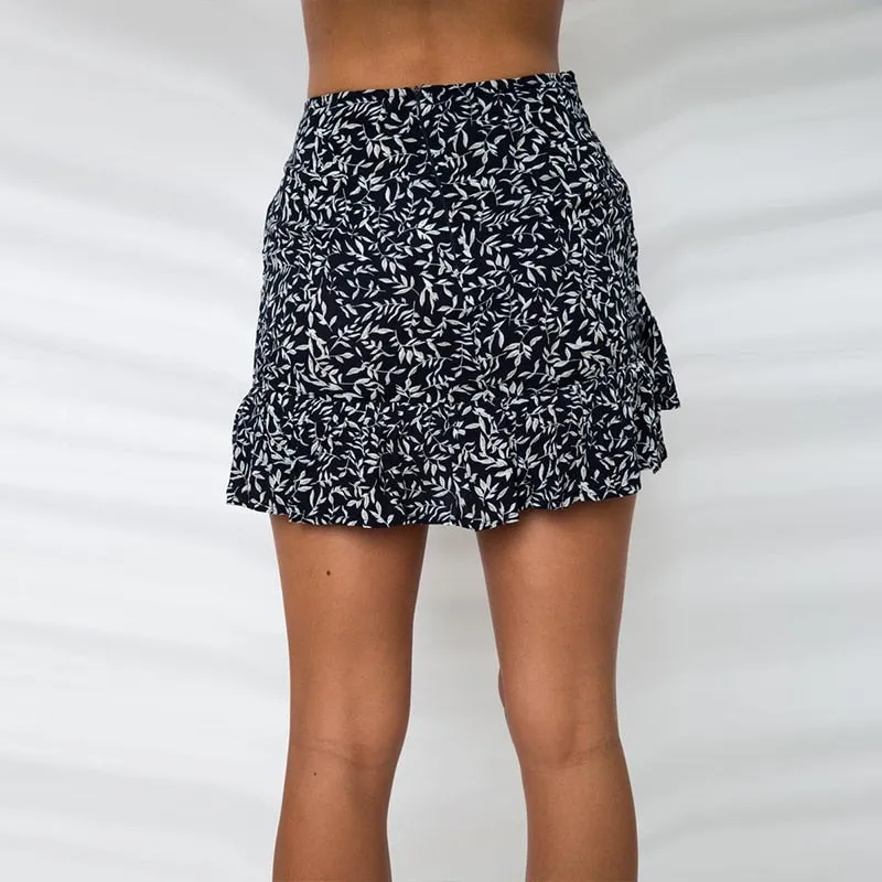 VenusFox Ruffle Vintage White Print Short Summer Skirt