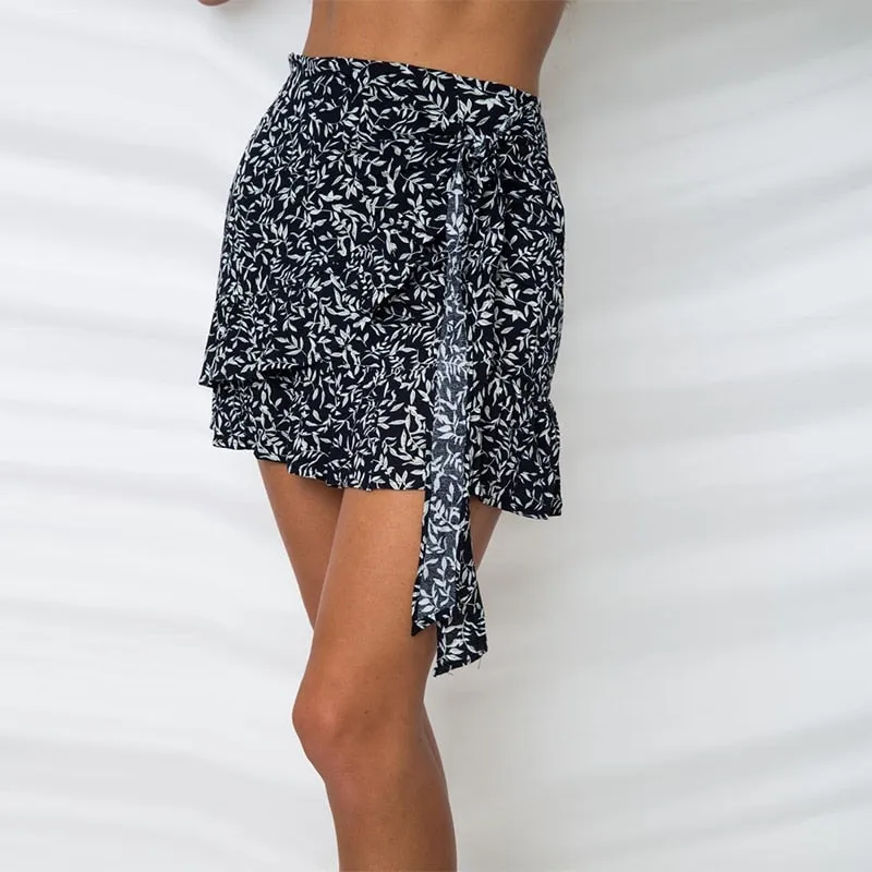 VenusFox Ruffle Vintage White Print Short Summer Skirt
