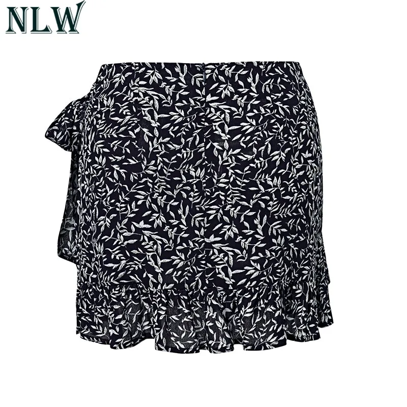 VenusFox Ruffle Vintage White Print Short Summer Skirt