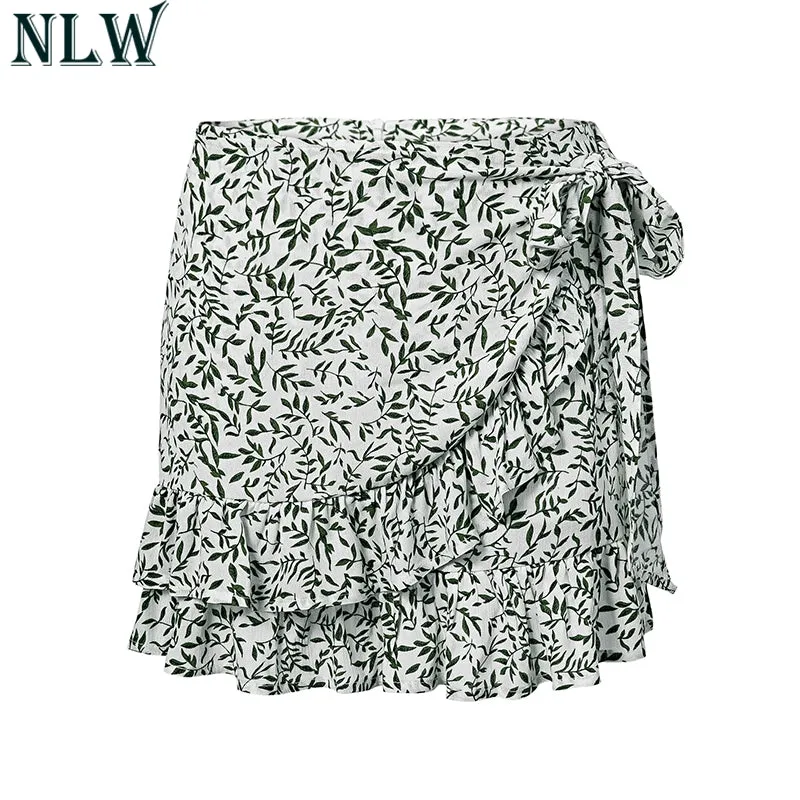 VenusFox Ruffle Vintage White Print Short Summer Skirt