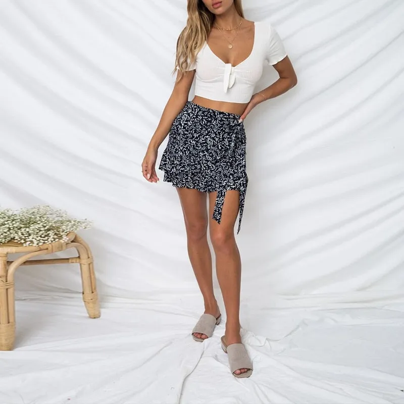 VenusFox Ruffle Vintage White Print Short Summer Skirt