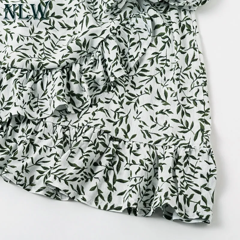 VenusFox Ruffle Vintage White Print Short Summer Skirt