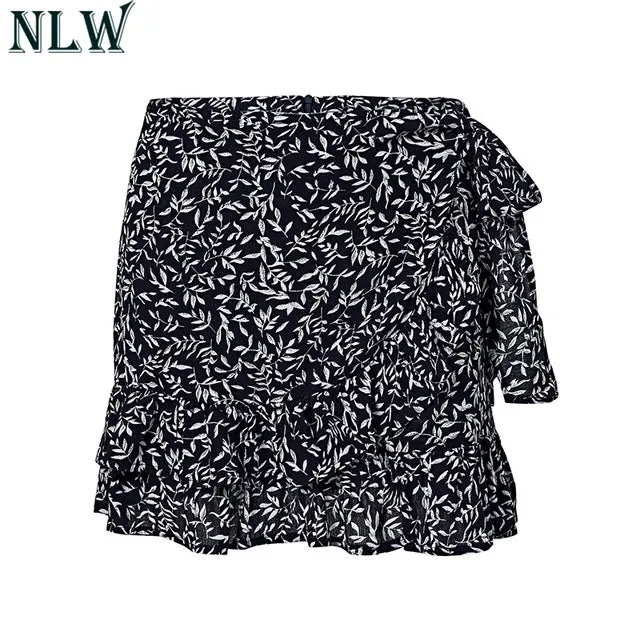 VenusFox Ruffle Vintage White Print Short Summer Skirt